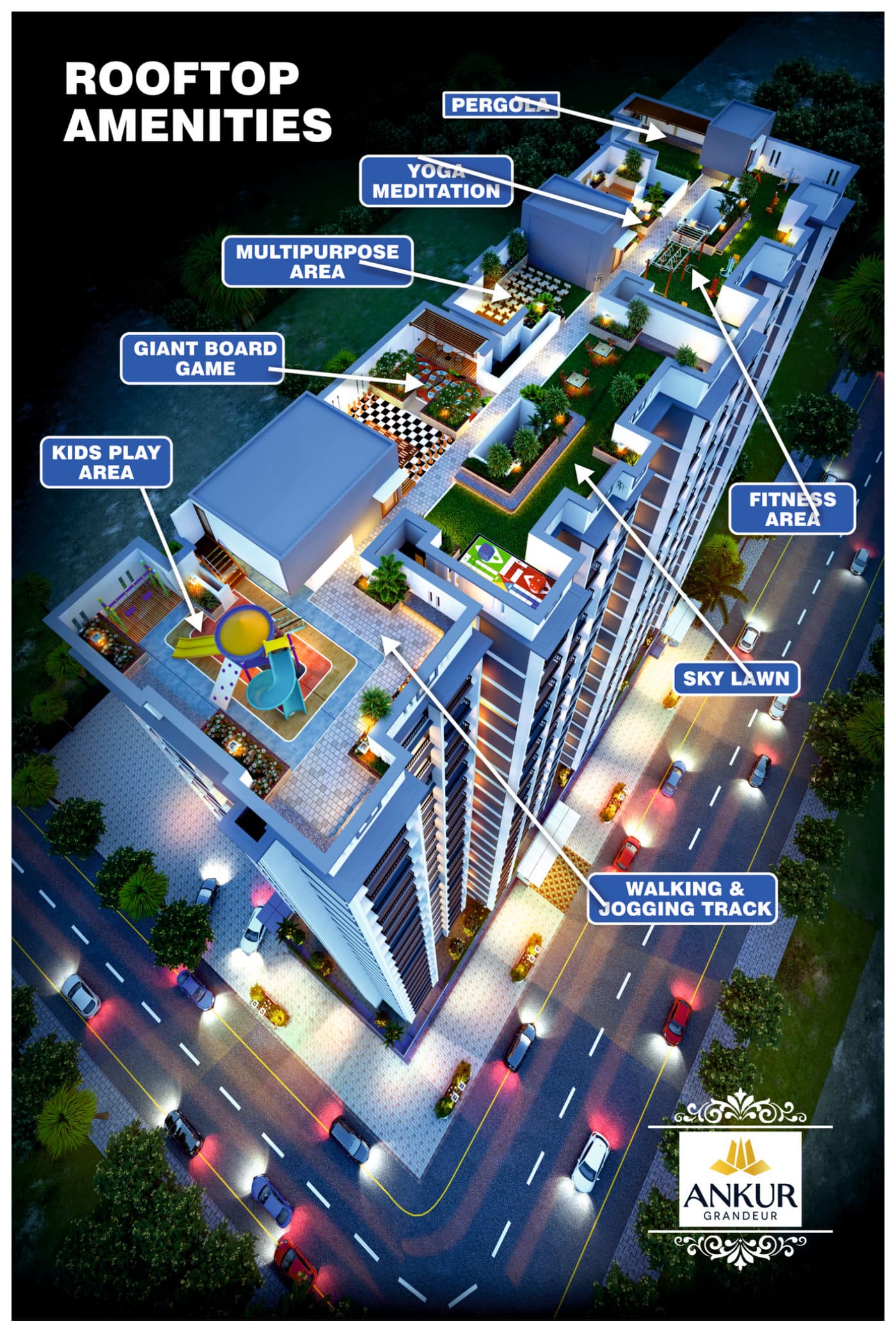 Ankur Grandeur rooftop amenities: kids play area, sky lawn, pergola and fitness area